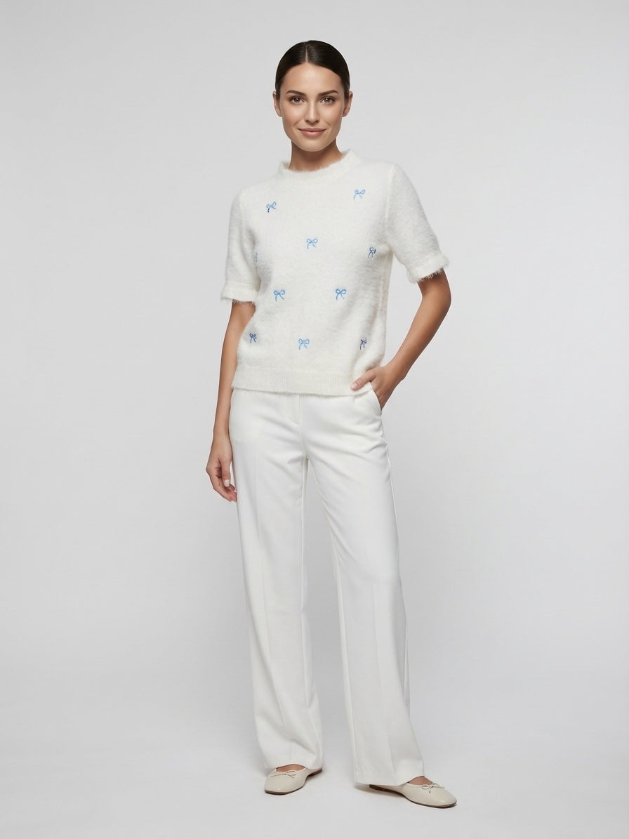 Embroidered Bow Knit Top - White