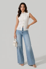 Lace Mandarin Collar Top - White