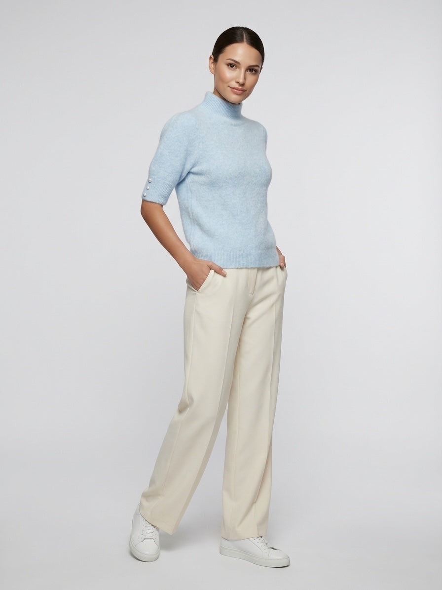 Mock Neck Sweater with Embellished Sleeves - Baby Blue