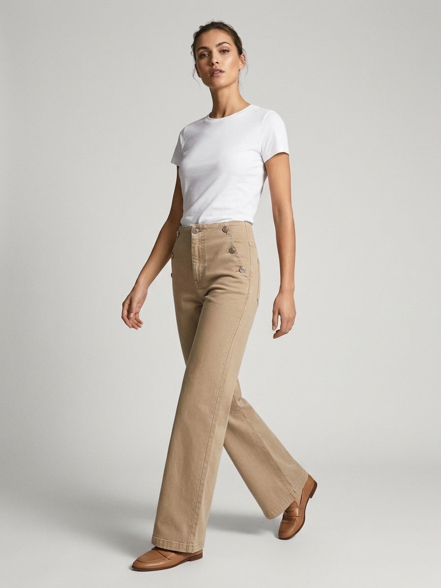 Wide Leg Double Button Jeans - Camel