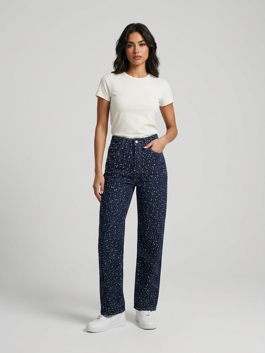 Star Embellished Straight Leg Jeans - Dark Denim