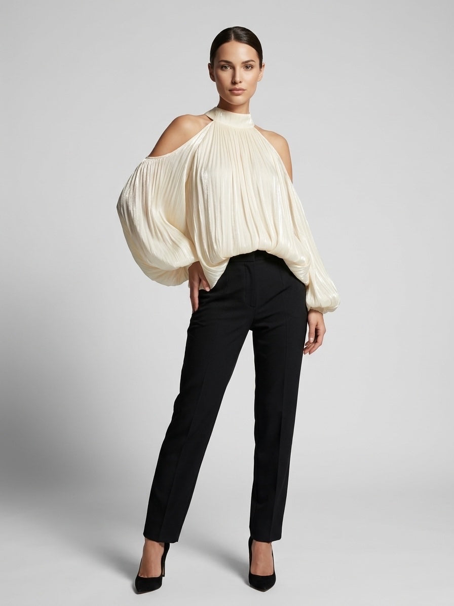 Cold Shoulder Gathered Blouse - Light Yellow