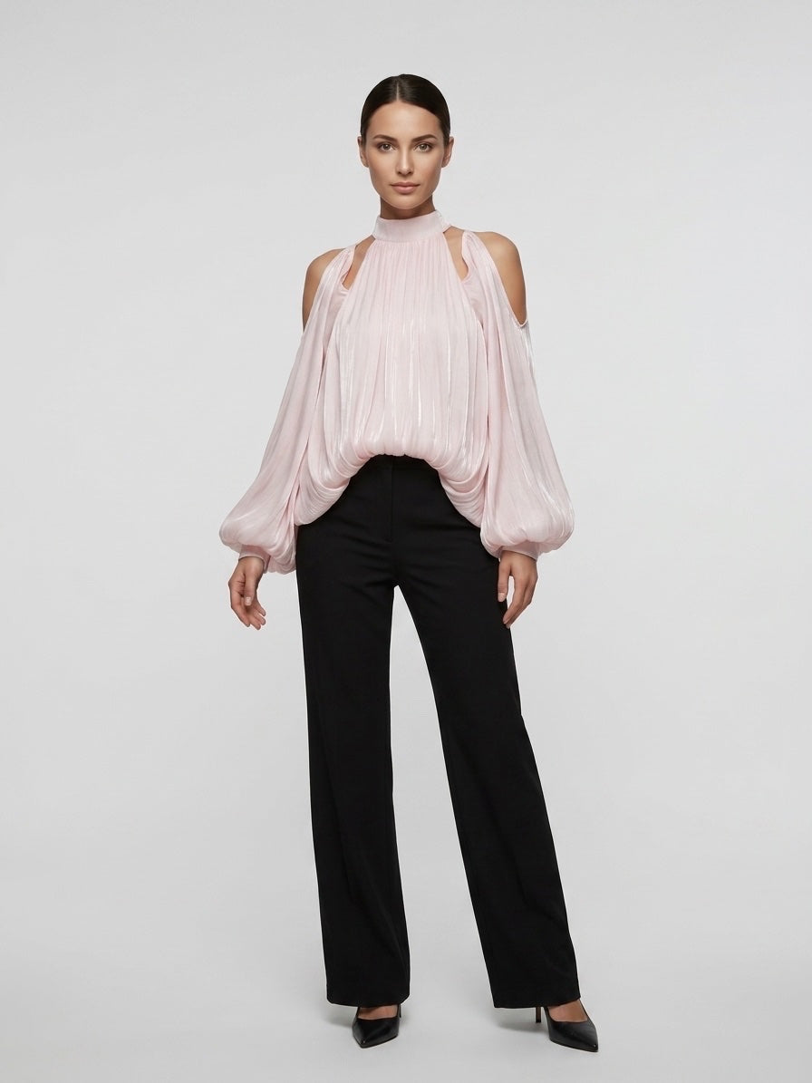 Cold Shoulder Gathered Blouse - Pastel Pink