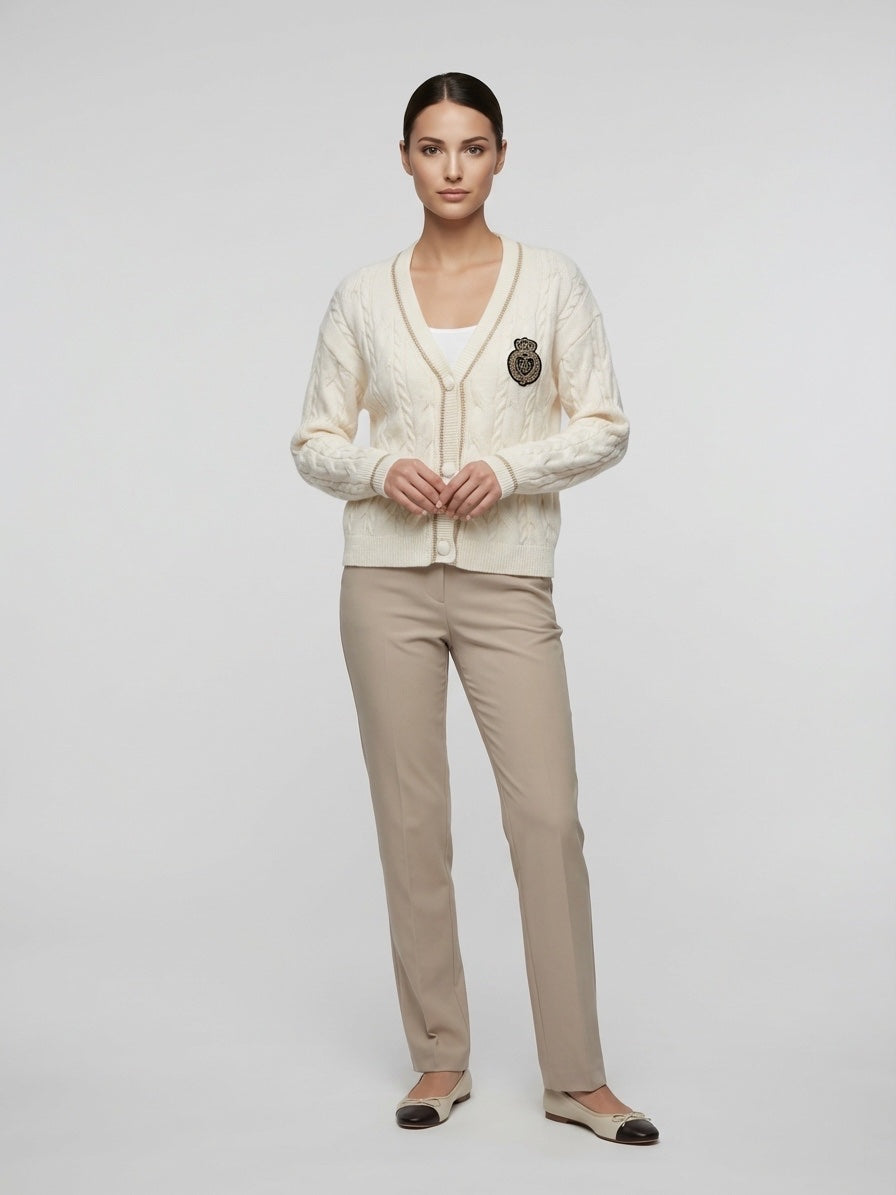Crest Emblem Cable Knit Cardigan - Cream