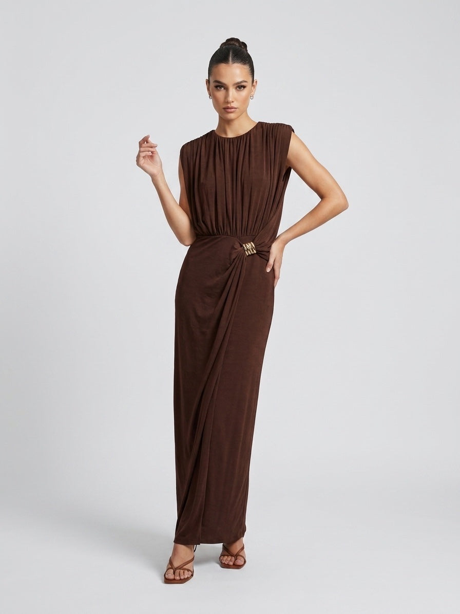 Draped Maxi Dress with Statement Ring - Chocolate