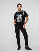 Embellished Graphic T-Shirt with Bow Details - Black