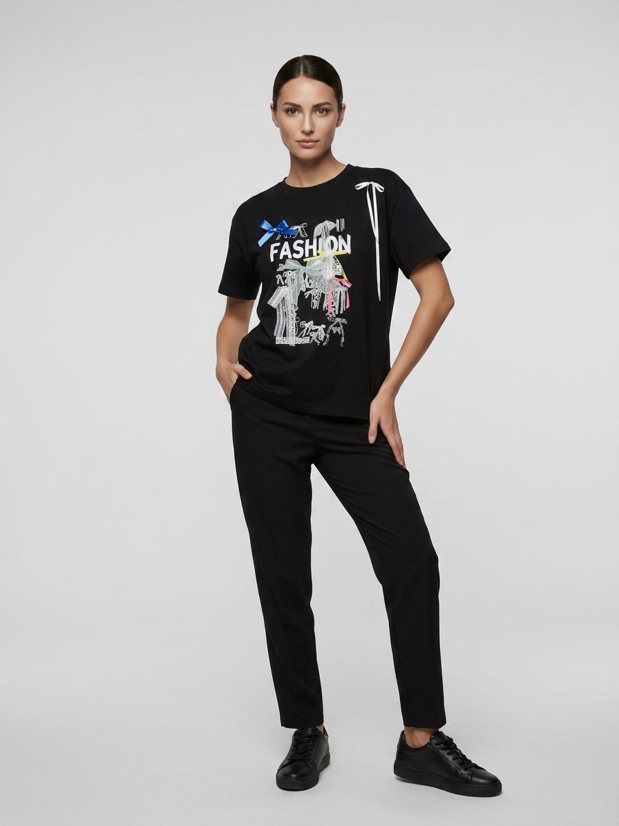 Embellished Graphic T-Shirt with Bow Details - Black