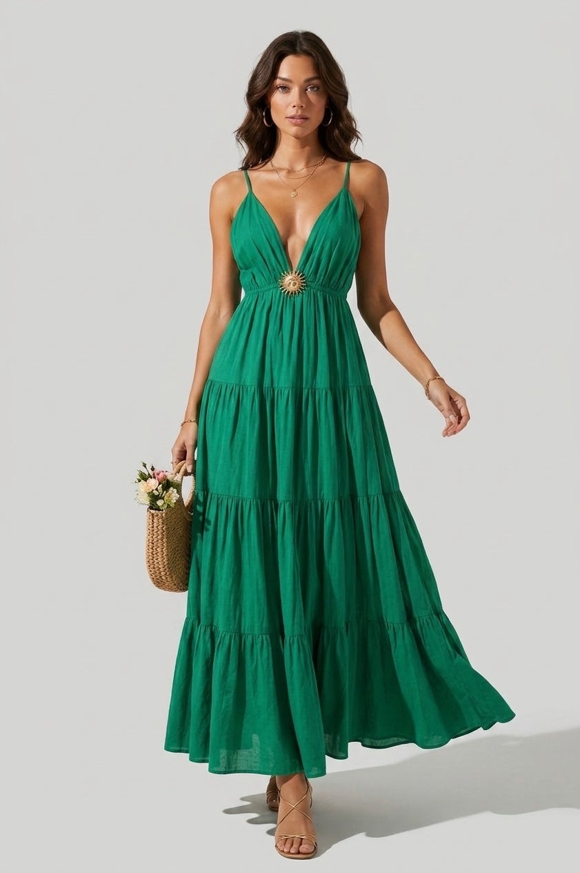 Tiered Maxi Dress with Sun Detail - Green