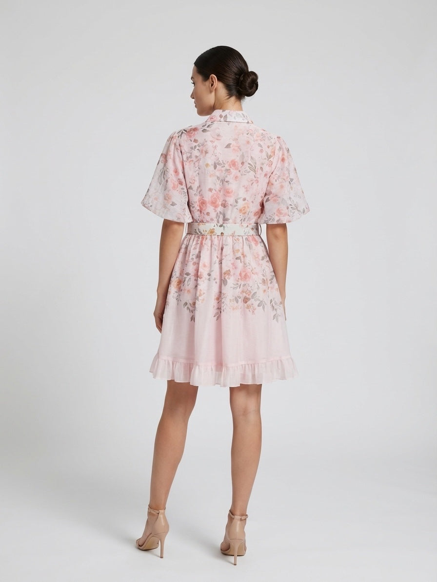 Floral Puff Sleeve Shirt Dress - Pastel Pink (2)