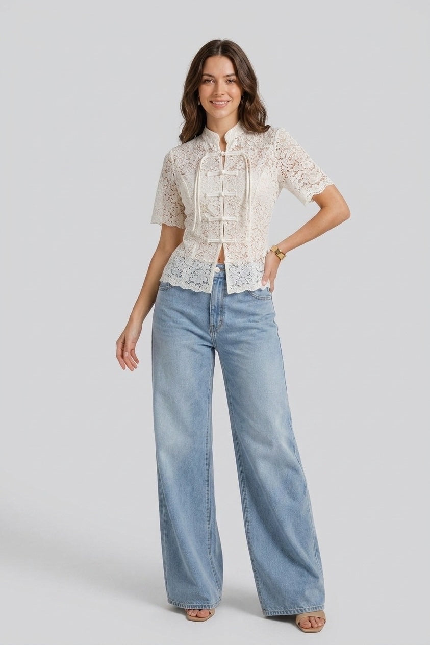 Mandarin Collar Lace Top - Cream