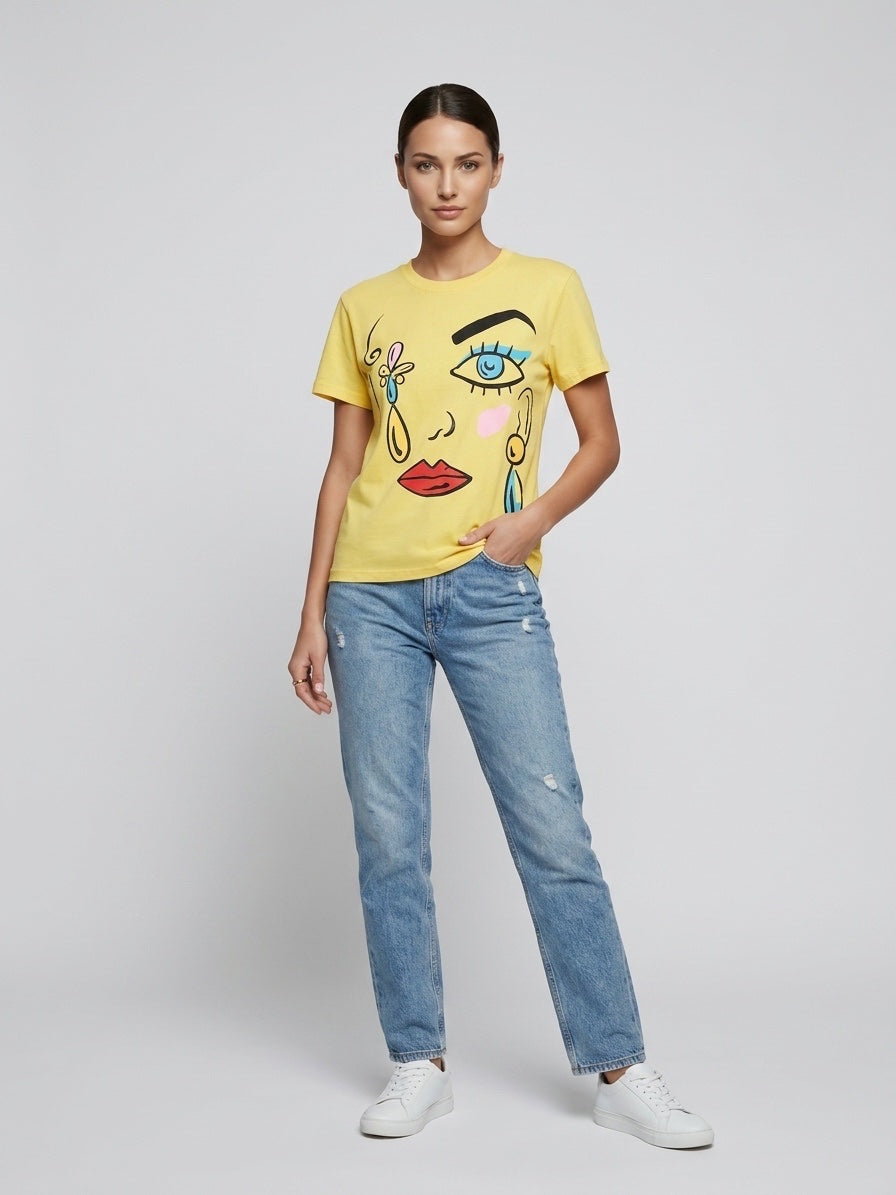 Abstract Face Print T-Shirt - Yellow