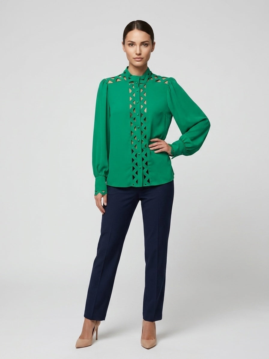Geometric Cut-Out Blouse - Dark Green