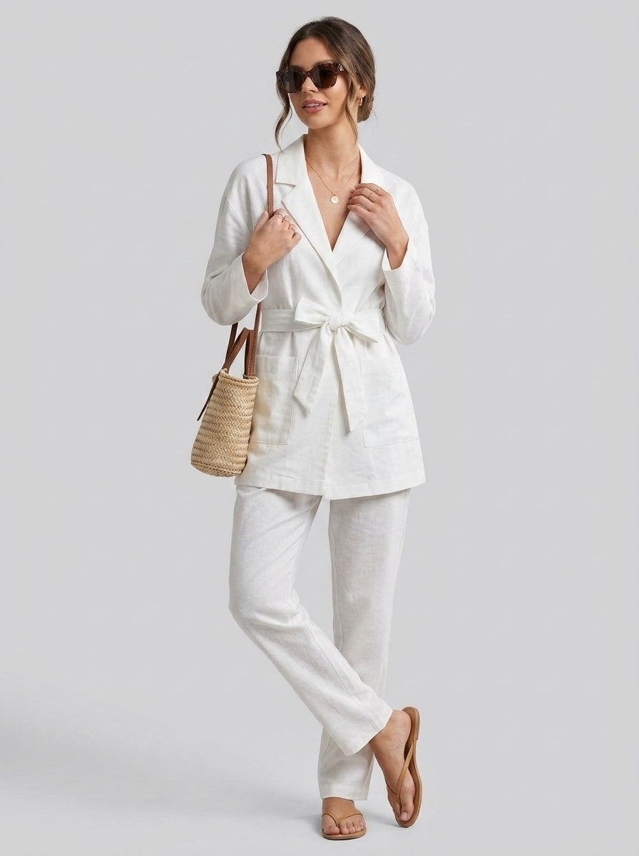 Tailored Linen Blend Two-Piece Set - White
