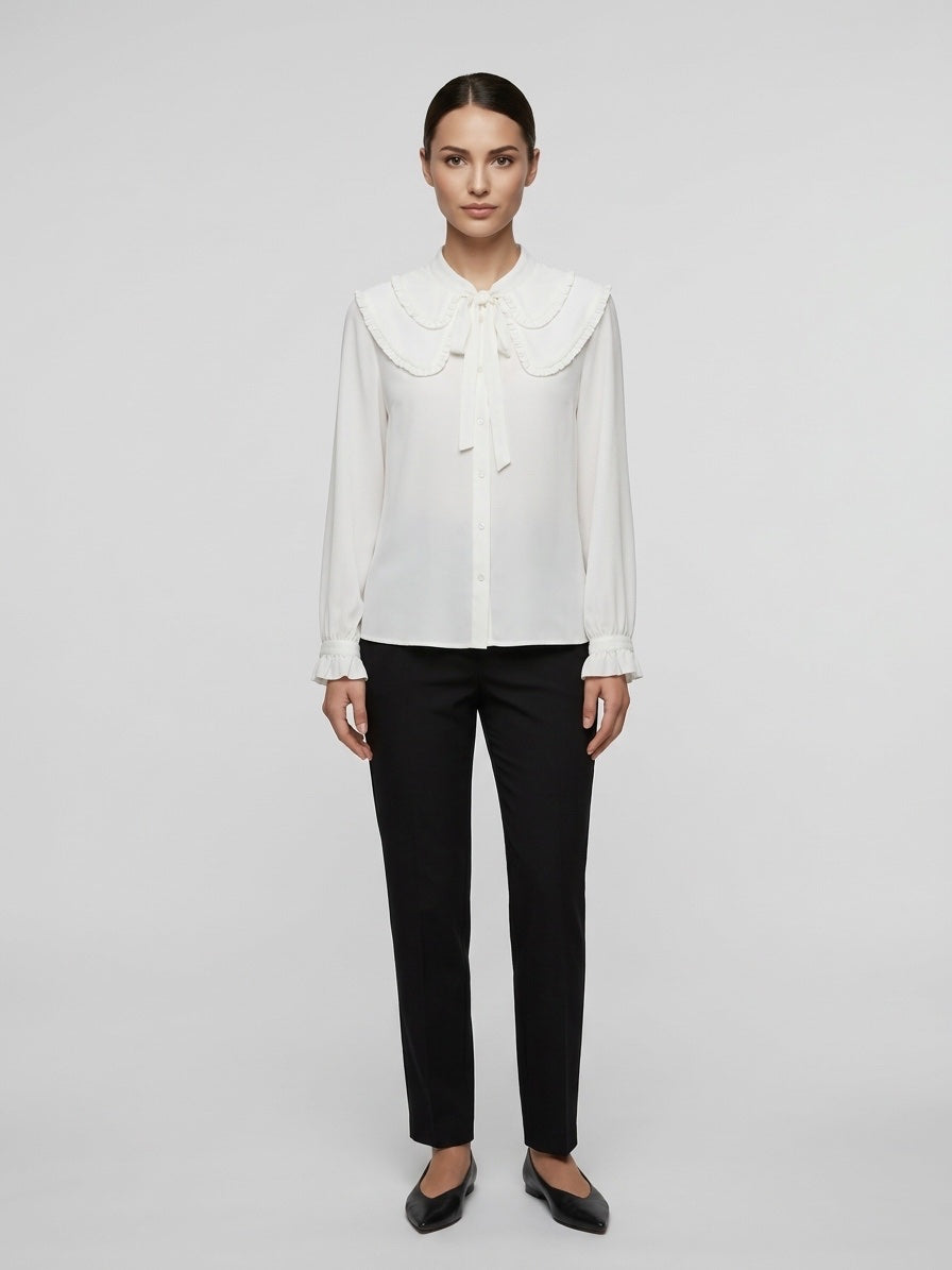 Ruffled Collar Tie-Neck Blouse - White
