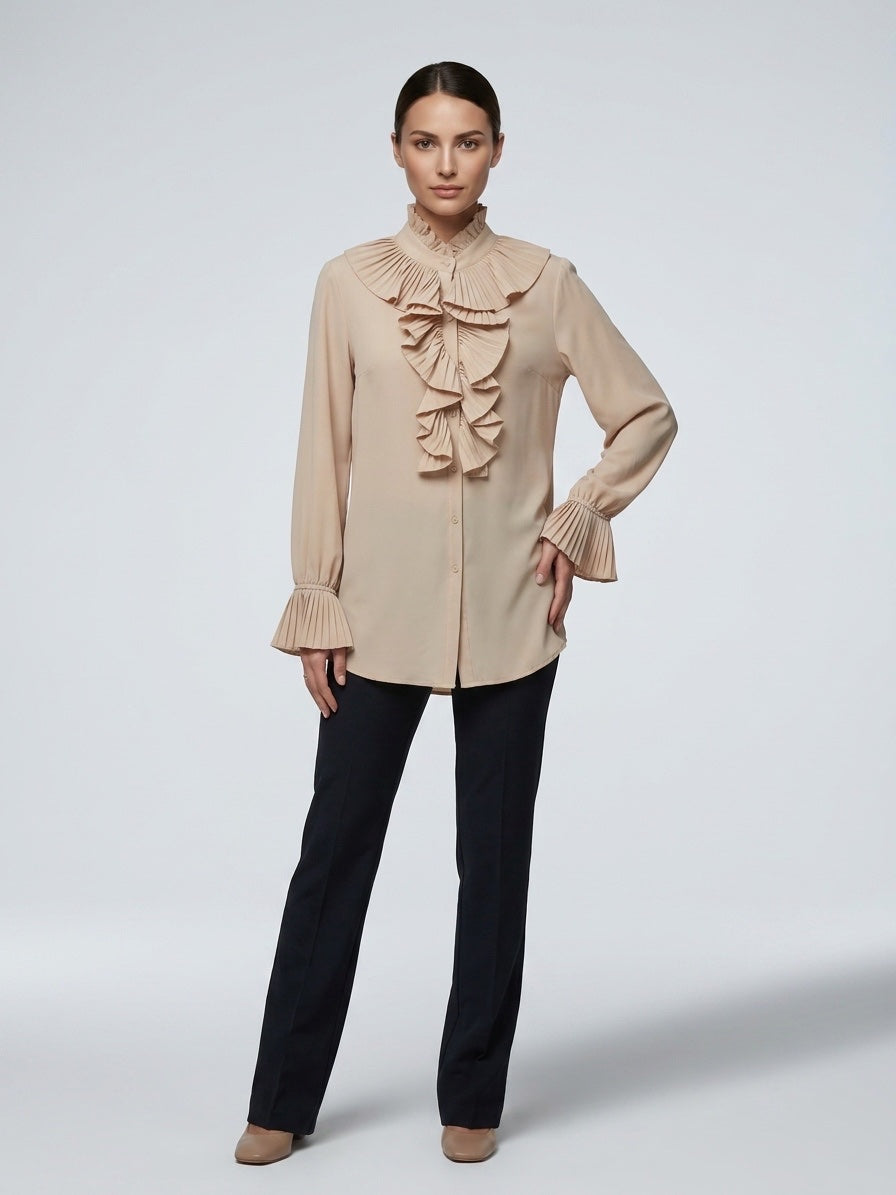 Ruffled Front Shirt - Tan