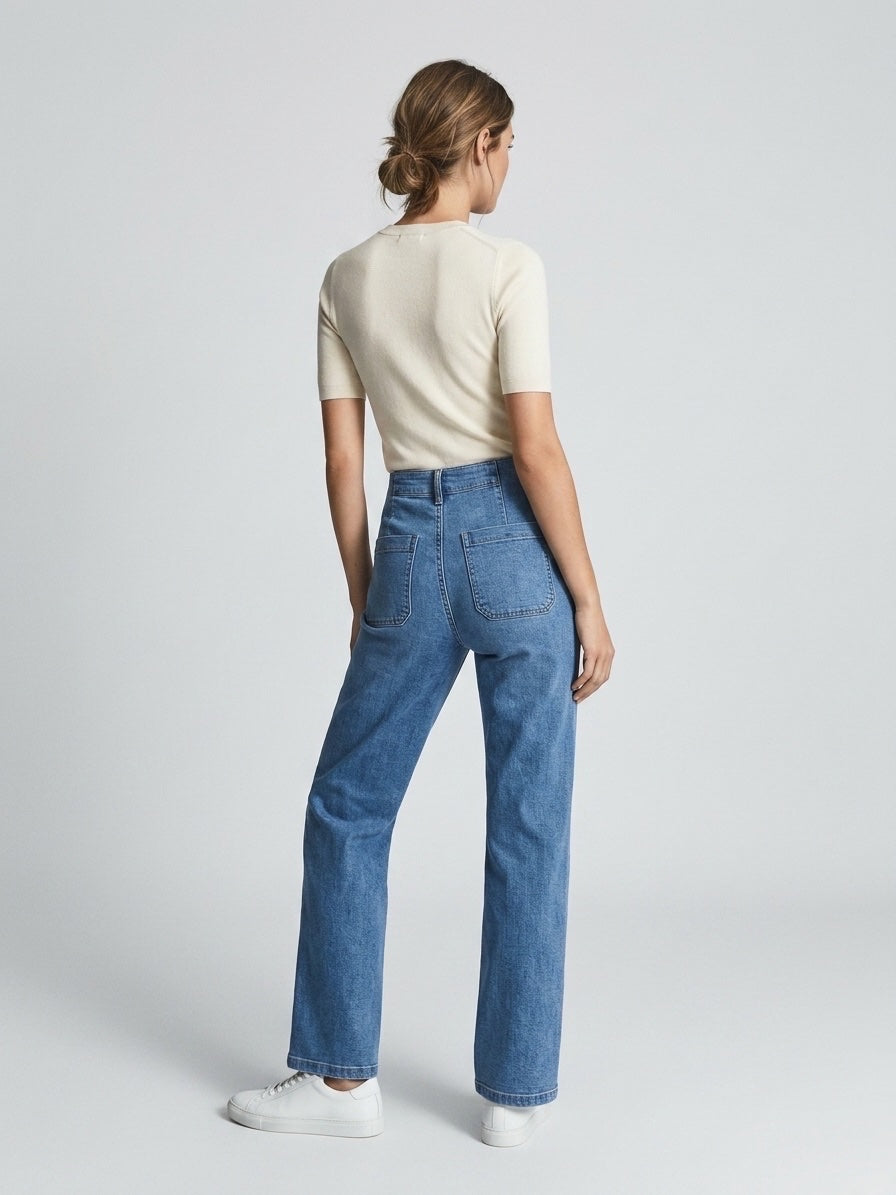 Wide Leg Double Button Jeans - Denim (2)