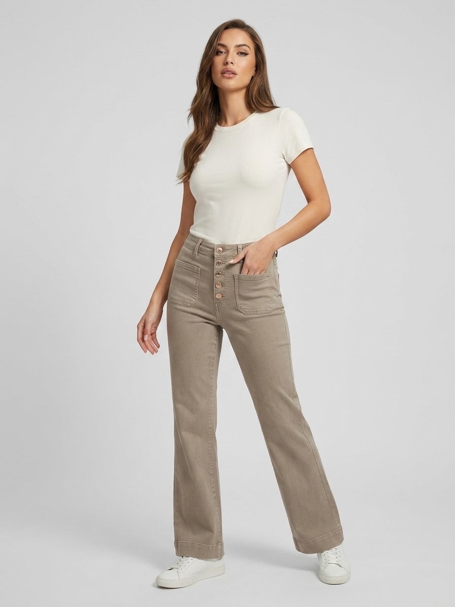 High-Waist Wide-Leg Button-Front Trousers - Taupe