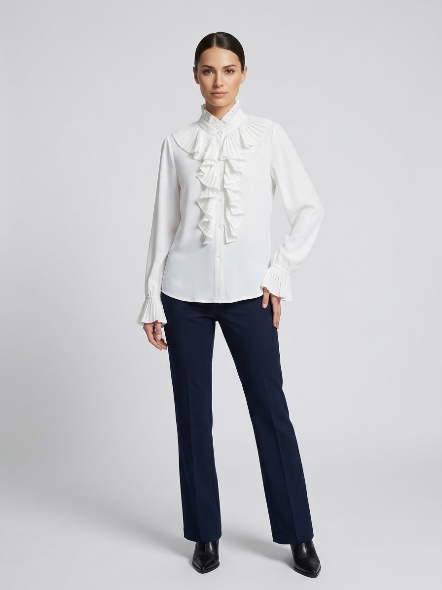 Pleated Ruffle Front Blouse - White