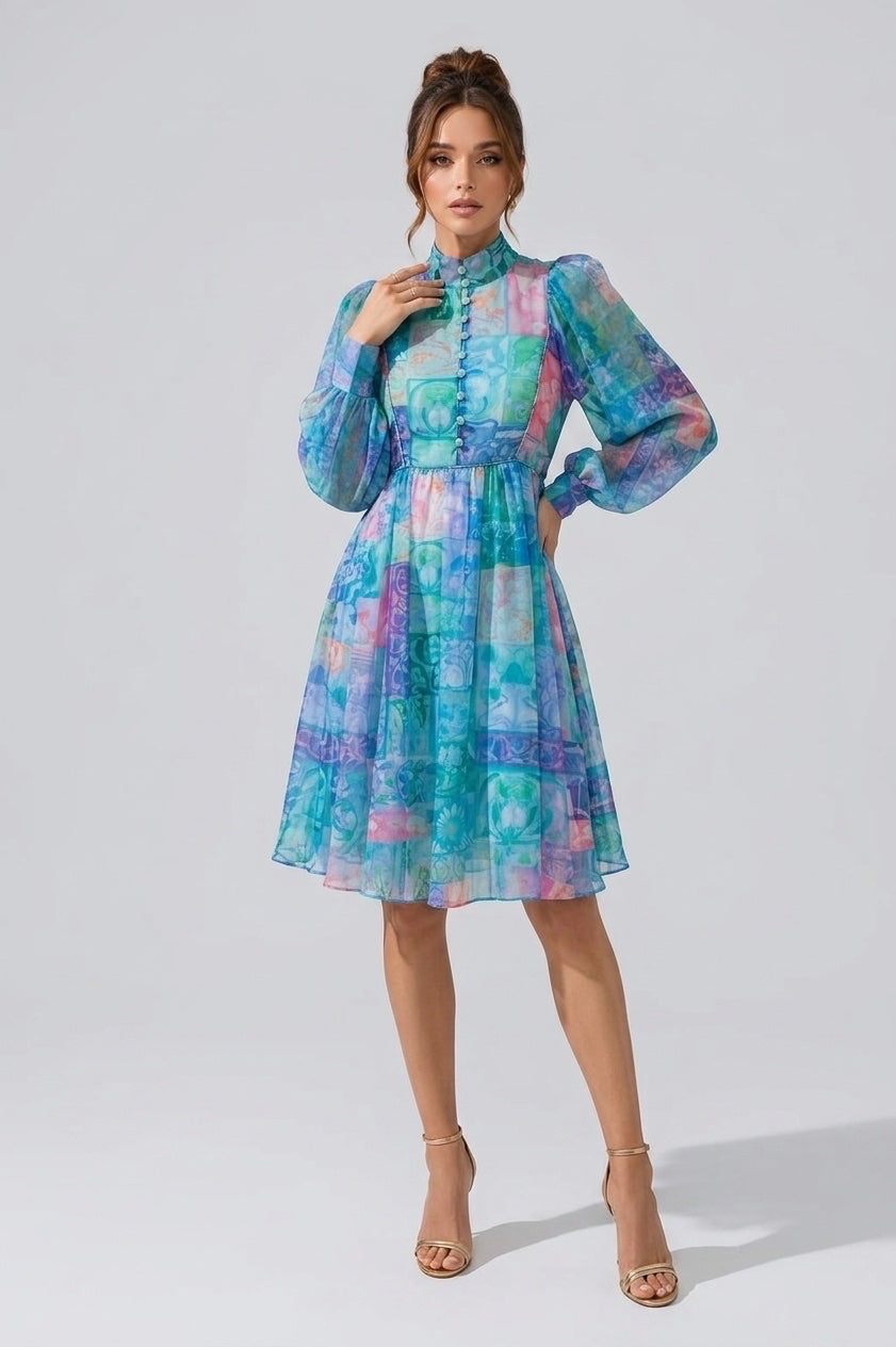 Patchwork Print Bishop Sleeve Dress - Turquoise