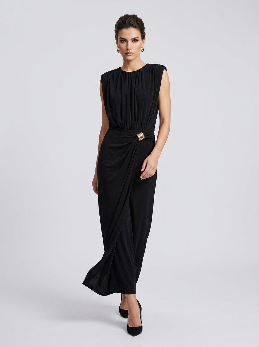 Draped Maxi Dress with Statement Ring - Black
