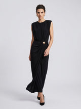 Draped Maxi Dress with Statement Ring - Black