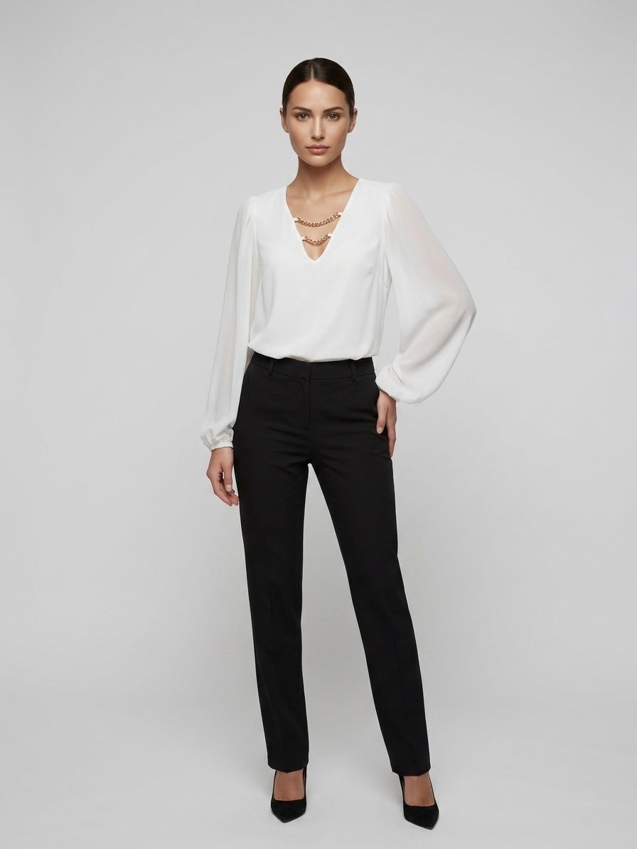 Chain Trim V-Neck Blouse - White