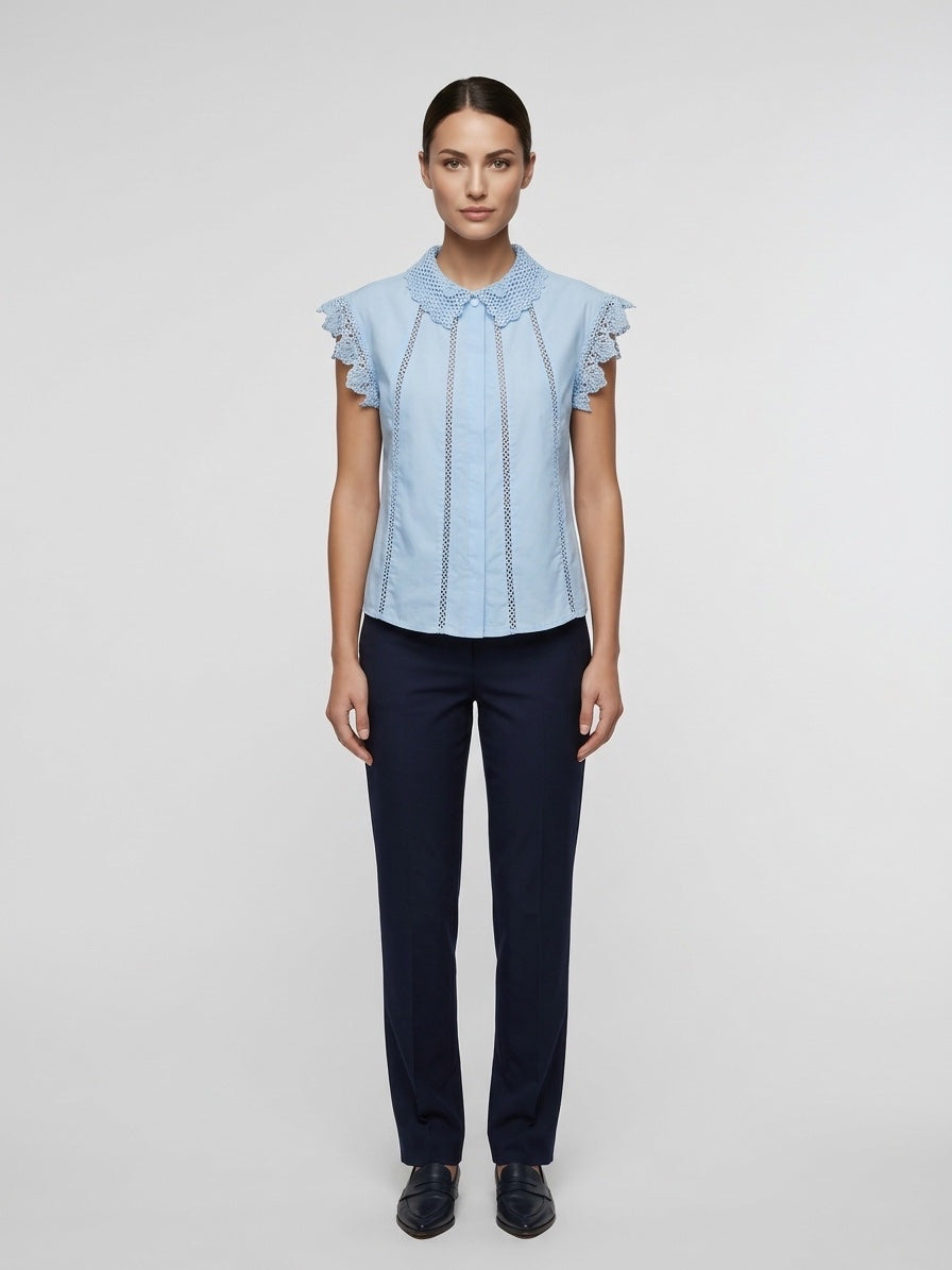 Lace Trim Cotton Blouse - Baby Blue