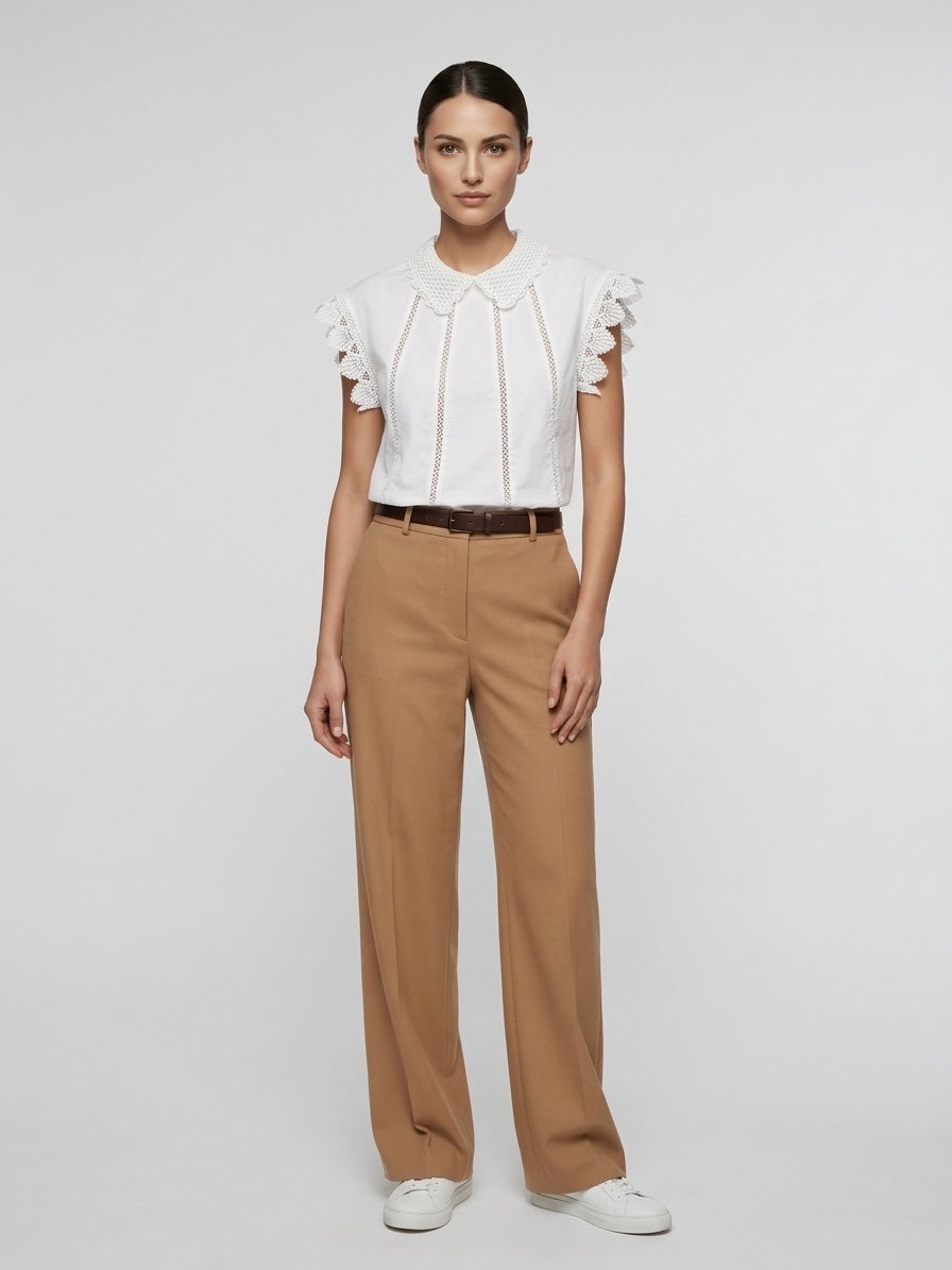 Lace Trim Cotton Blouse - White