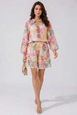 Lace Tie-Neck Blouse and Shorts Set - Deep Pink