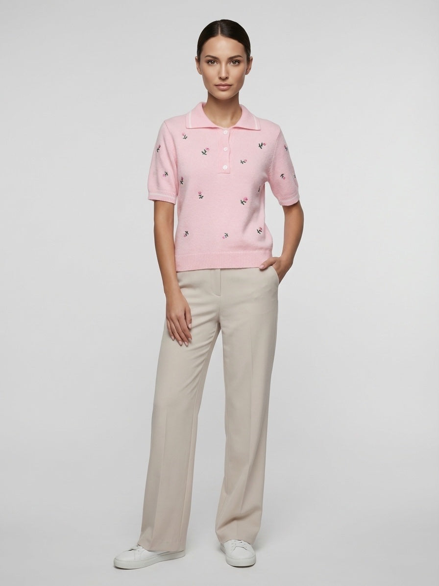 Embroidered Floral Knit Polo - Baby Pink
