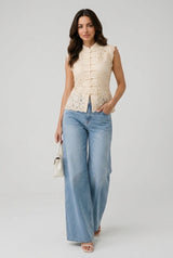 Lace Mandarin Collar Top - Cream