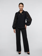 Sheer Lace Balloon Sleeve Blouse - Black