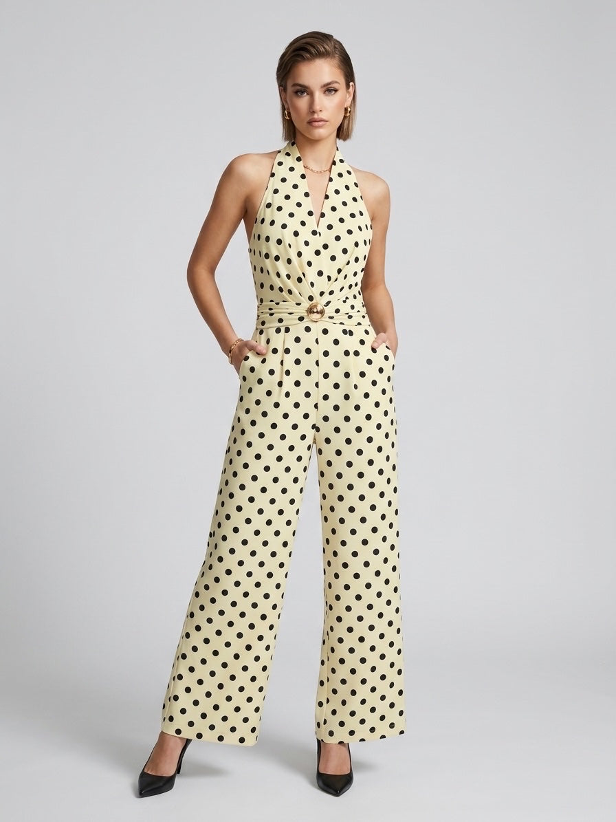 Polka Dot Halter Neck Wide-Leg Jumpsuit - Butter