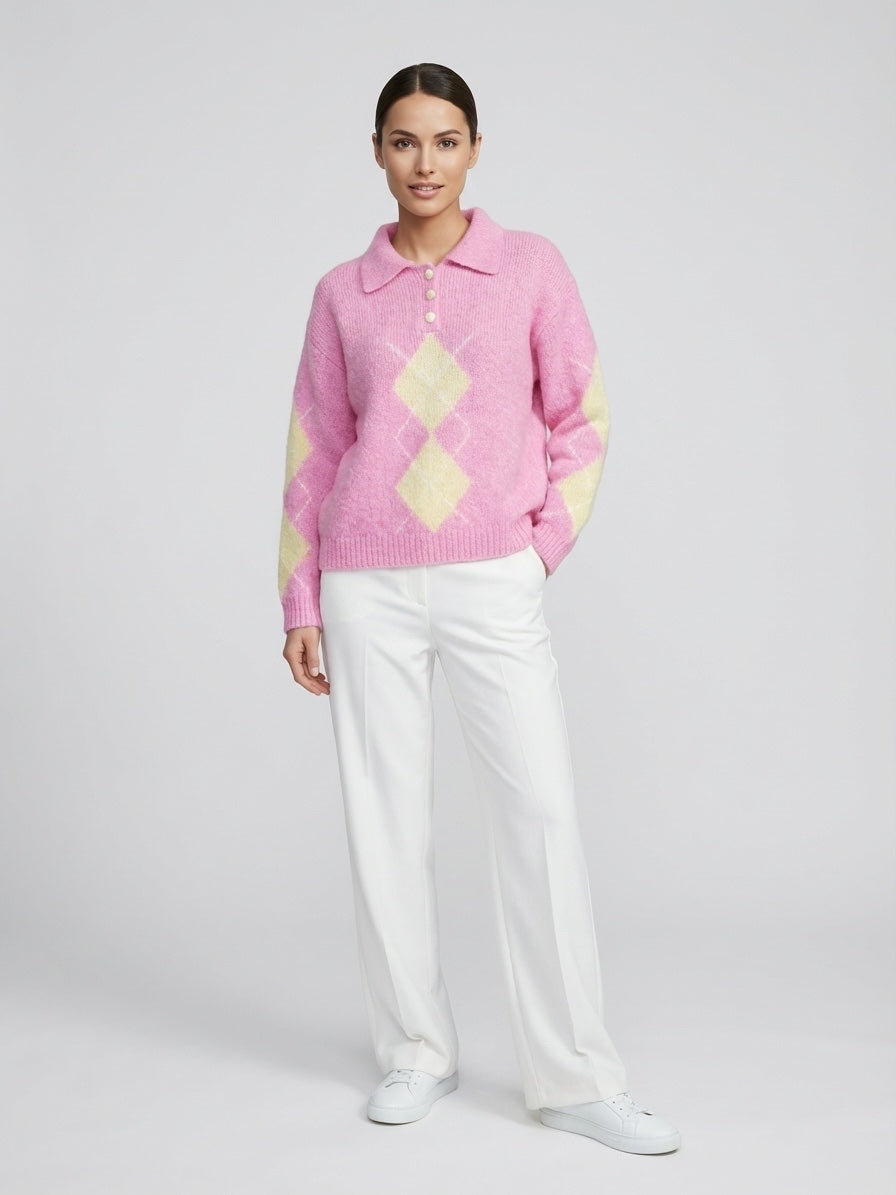Argyle Knit Polo Sweater - Pink