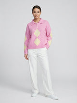 Argyle Knit Polo Sweater - Pink