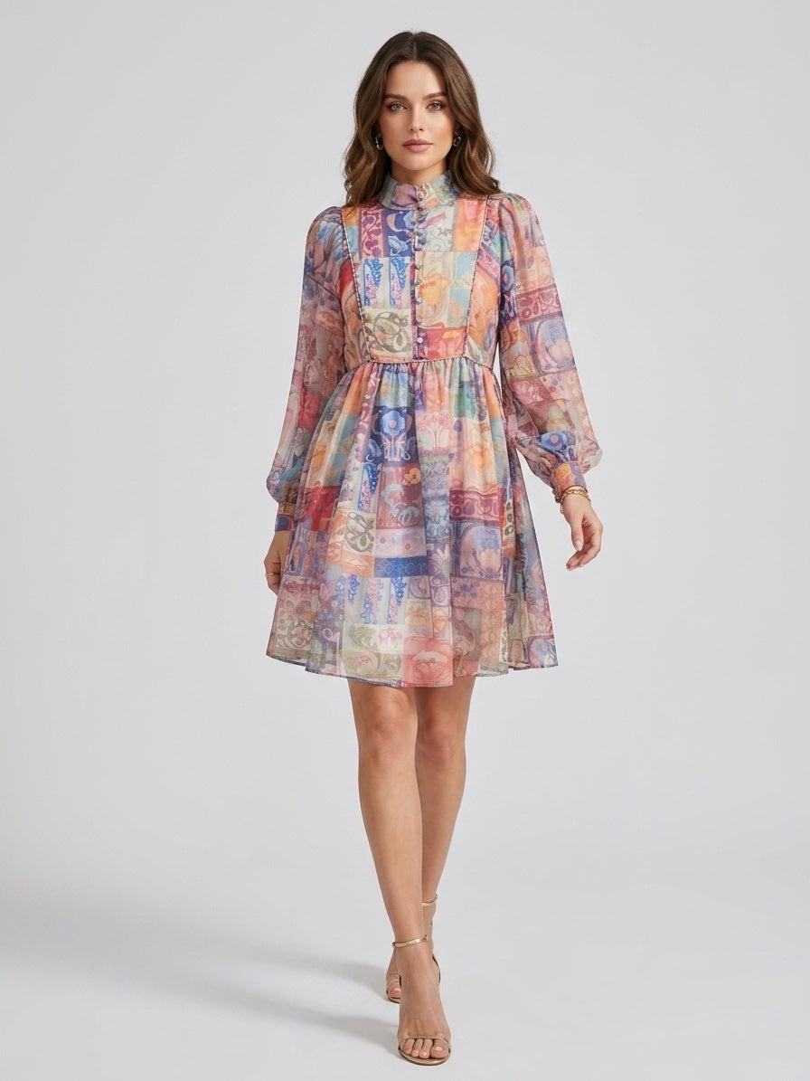 Chiffon Puff Sleeve Midi Dress - Orange