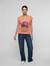 Graphic V-Neck Tee - Coral