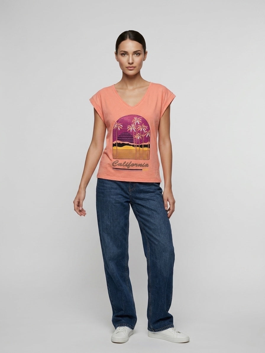 Graphic V-Neck Tee - Coral