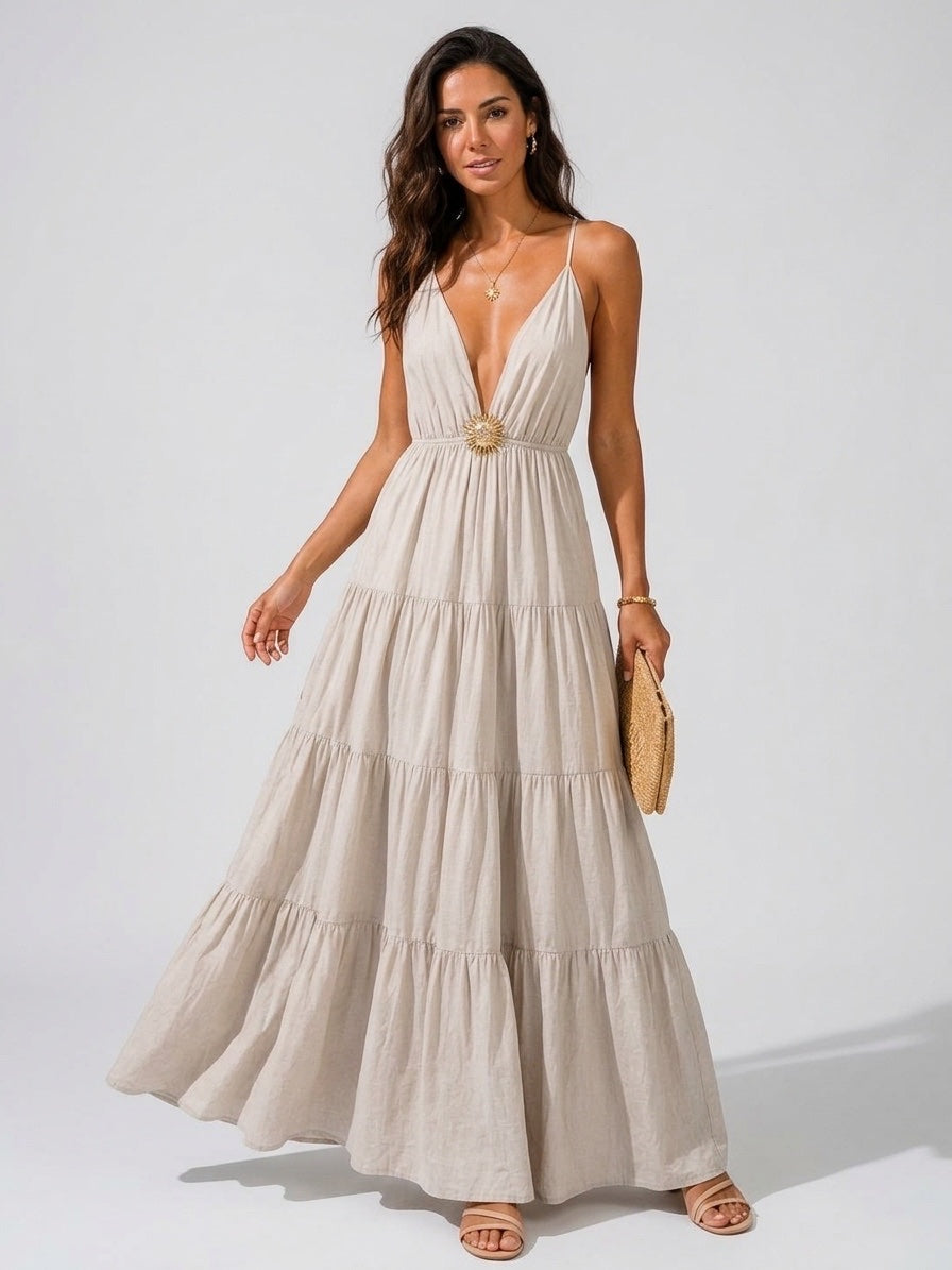 Tiered Maxi Dress with Sun Detail - Beige