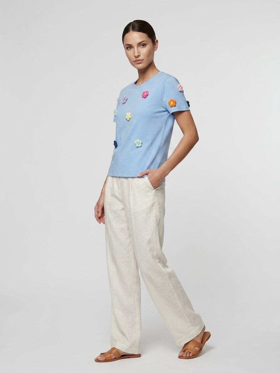 Embellished Floral T-Shirt - Baby Blue