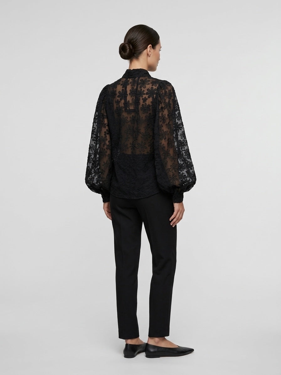 Sheer Lace Balloon Sleeve Blouse - Black (2)
