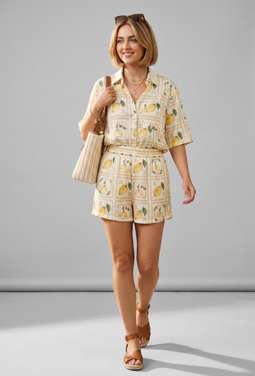 Citrus Print Camp Shirt and Shorts Set - Light Yellow