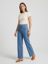 Wide Leg Double Button Jeans - Denim