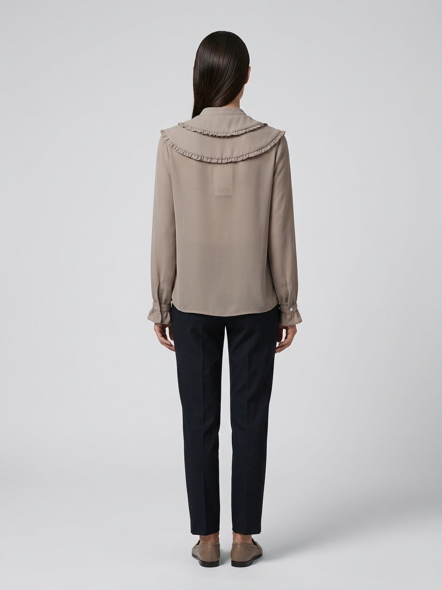Ruffled Collar Tie-Neck Blouse - Tan (2)
