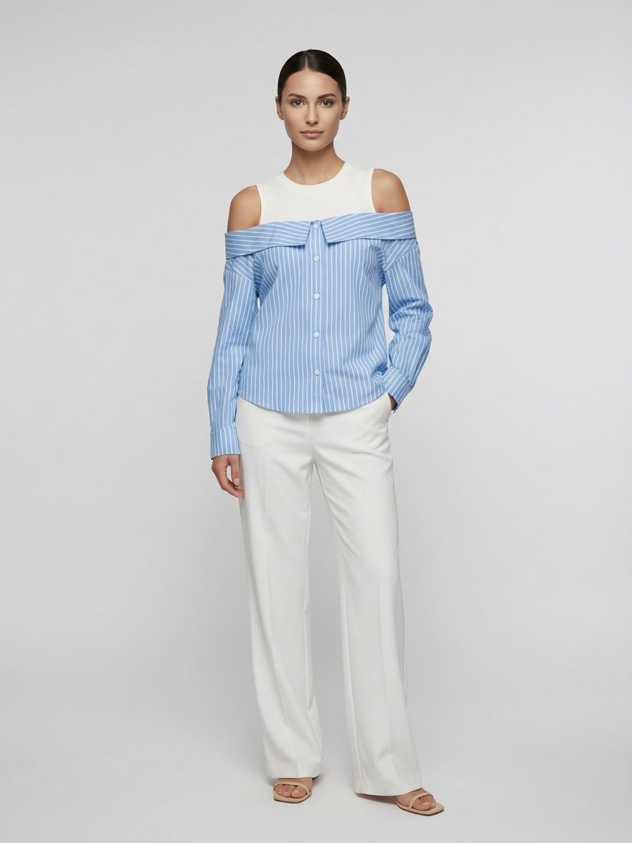 Pinstripe Off-Shoulder Shirt - Deep Sky Blue