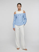 Pinstripe Off-Shoulder Shirt - Deep Sky Blue
