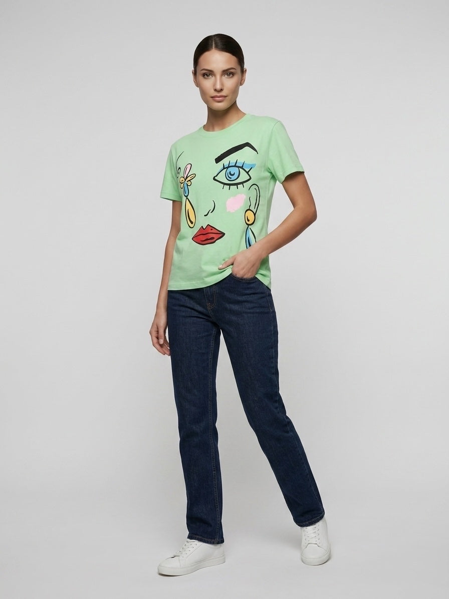 Abstract Face Print T-Shirt - Spring Green