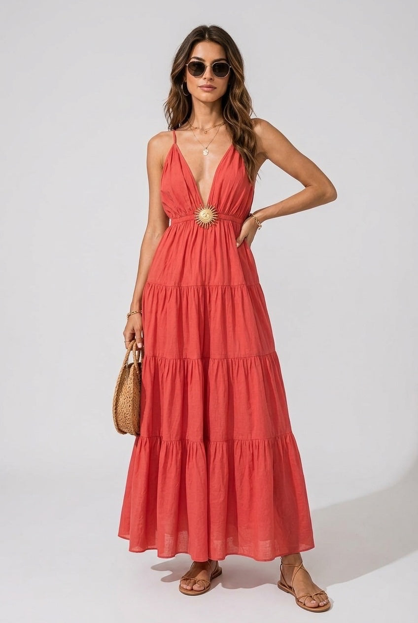 Tiered Maxi Dress with Sun Detail - Brick