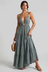 Tiered Maxi Dress with Sun Detail - Dark Khaki