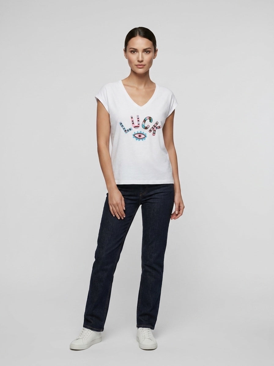 Embellished V-Neck Cotton T-Shirt - White